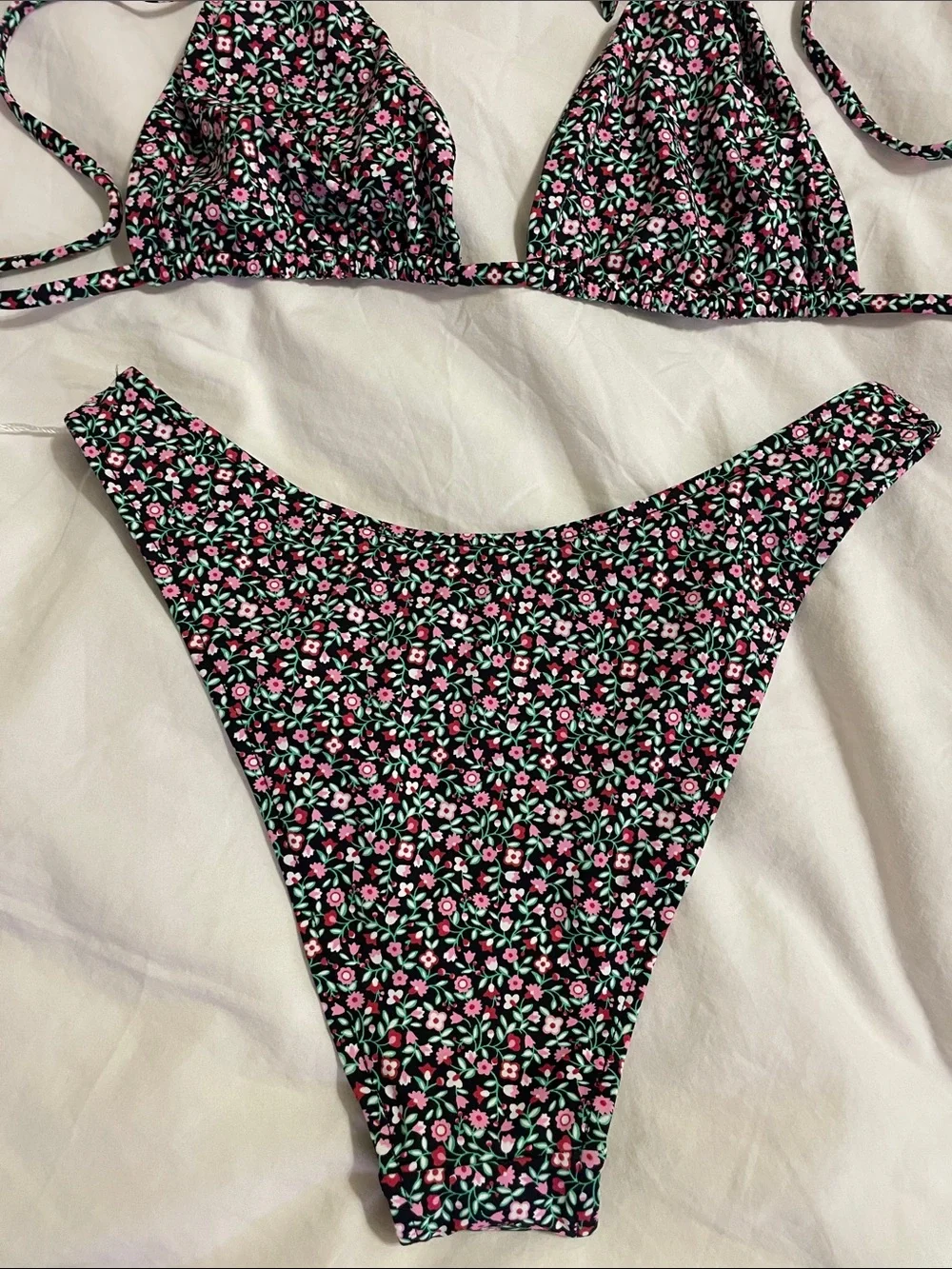 Frankie's Bikinis Triangle Top with Pink & Green Floral Print and Dove Bottom